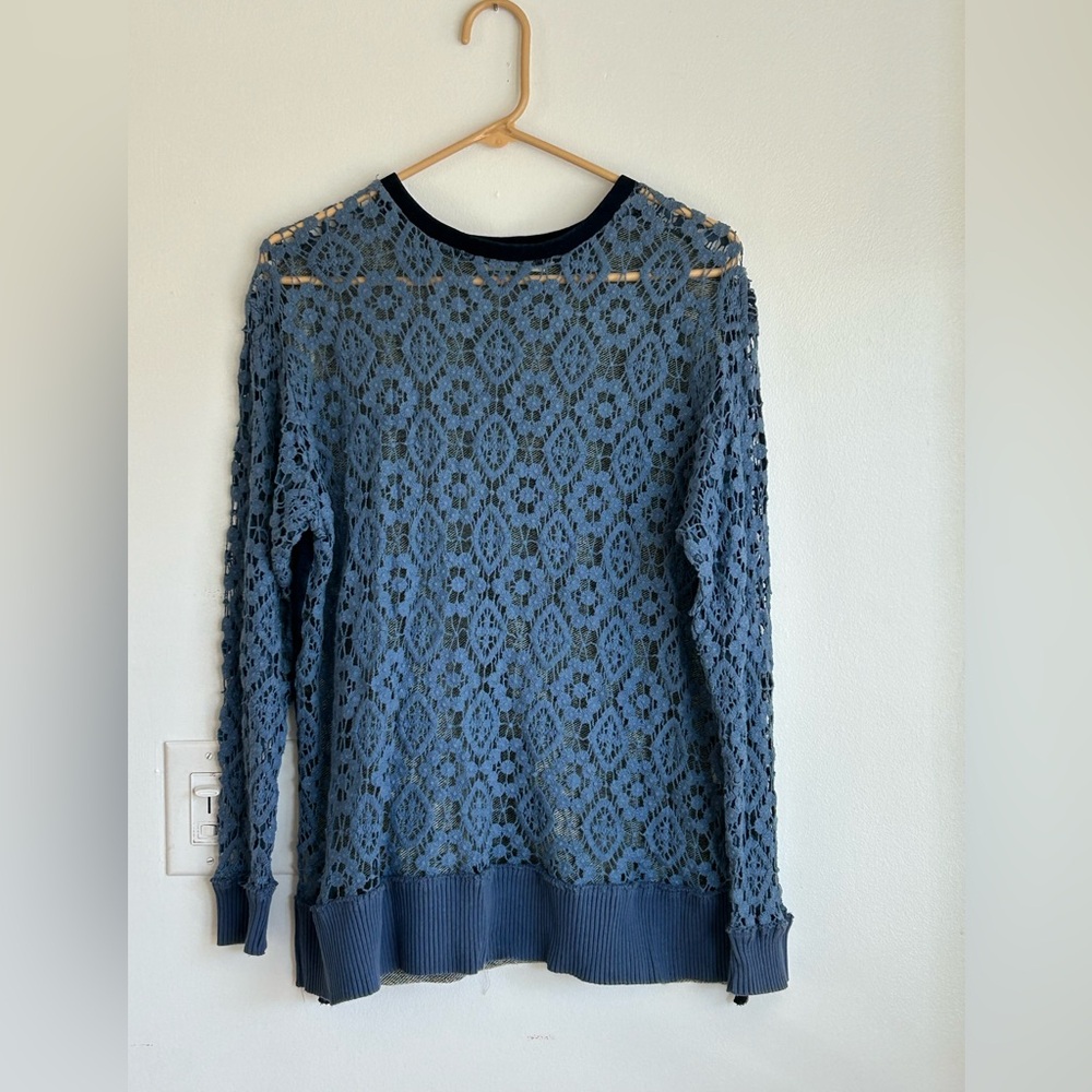 NWOT Johnny Was Blue Crochet Top Cottagecore Floral Sheer Coastal Casual - Picture 2 of 9
